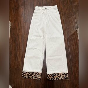 Q2 White Cropped Jeans with Leopard Print Cuffs